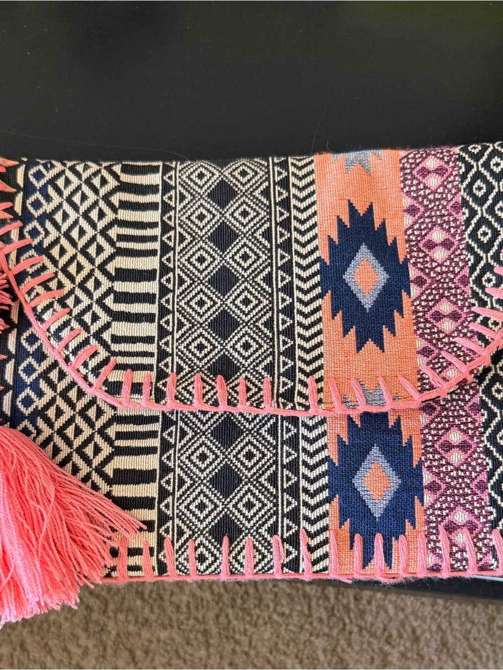 Bohemian Woven Foldover Clutch in Coral, Navy & Black
